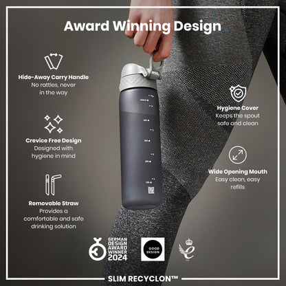 A dark gray water bottle is held; it features a handle, removable straw, and wide mouth. The bottle is advertised as an award-winning design with hygienic features. "SLIM RECYCLON™" is indicated.