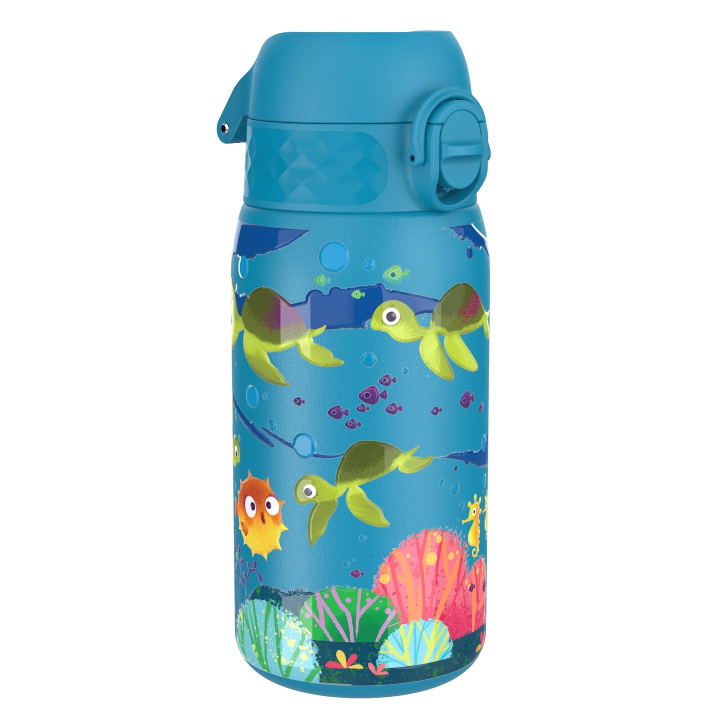 A blue water bottle, featuring cartoon sea turtles, fish, and coral, sits against a white background.