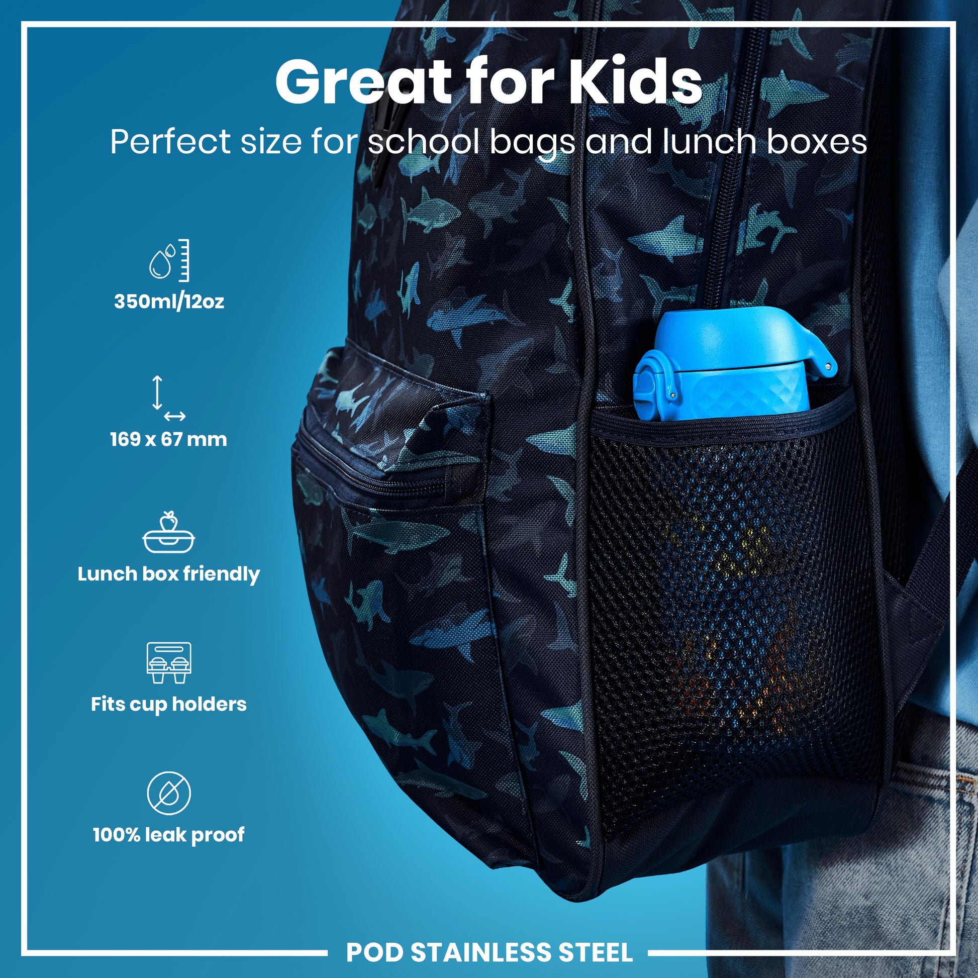 A black backpack, featuring a shark pattern, holds a blue water bottle in its mesh pocket. The backpack is advertised as “Great for Kids,” perfect for school, and is 169 x 67 mm, 350ml/12oz, lunchbox friendly, fits cup holders, and is 100% leak proof. The material is POD Stainless Steel.