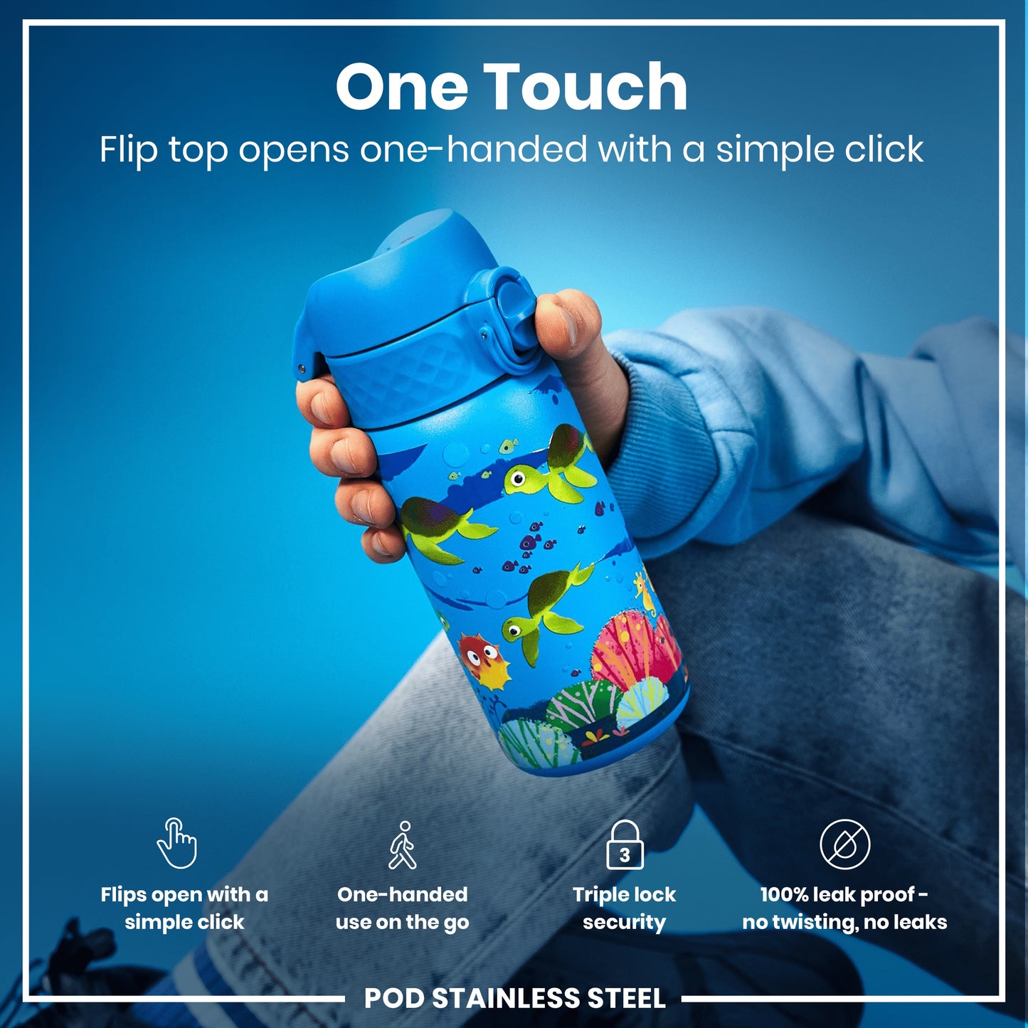 A blue water bottle, decorated with sea turtles, is held; its flip top opens one-handed. The background is a solid blue. "One Touch. Flip top opens one-handed with a simple click." Additional features are listed below.