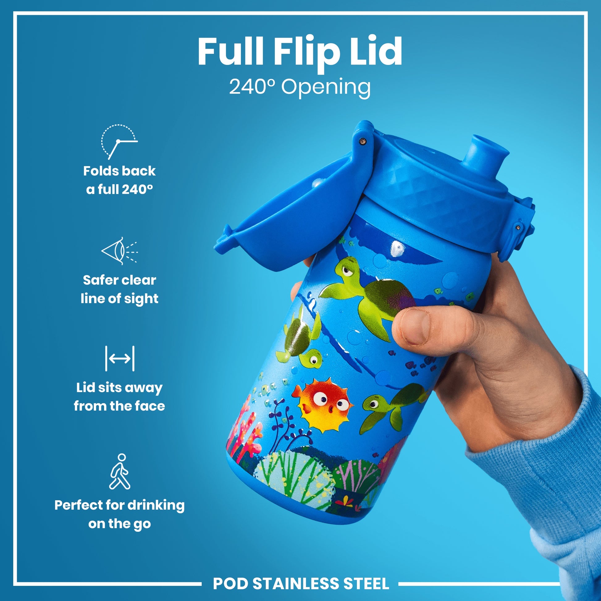 A blue, child-sized water bottle with a full flip lid and undersea creature print is held by a hand; the lid folds back 240 degrees. The bottle is designed for on-the-go use. It's made of stainless steel.