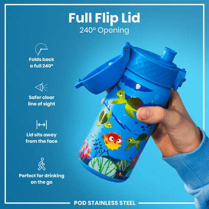 A blue, child-sized water bottle with a full flip lid and undersea creature print is held by a hand; the lid folds back 240 degrees. The bottle is designed for on-the-go use. It's made of stainless steel.