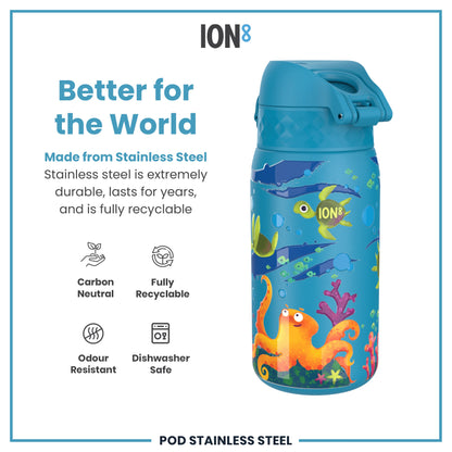 A stainless steel water bottle, featuring an ocean-themed design, sits against a white background. The bottle is described as carbon neutral, fully recyclable, odour resistant, and dishwasher safe.