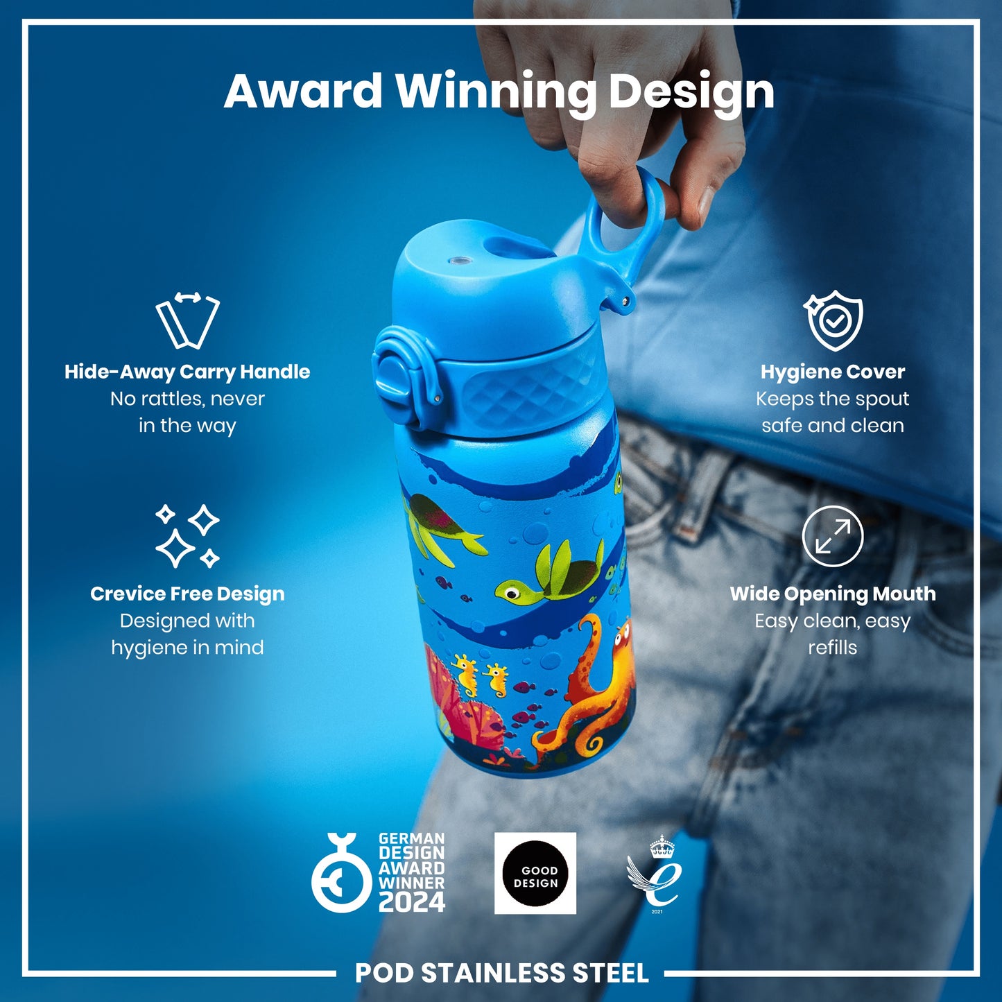 A blue water bottle with a sea creature design is being held. Its features include a hide-away handle, hygiene cover, and wide mouth. It's an award-winning design.