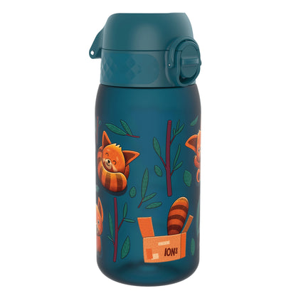 A teal water bottle, featuring a repeating pattern of red pandas and foliage, sits on a white background. The bottle has a teal screw-on cap and base. A small box on the bottle is labeled "ION8".