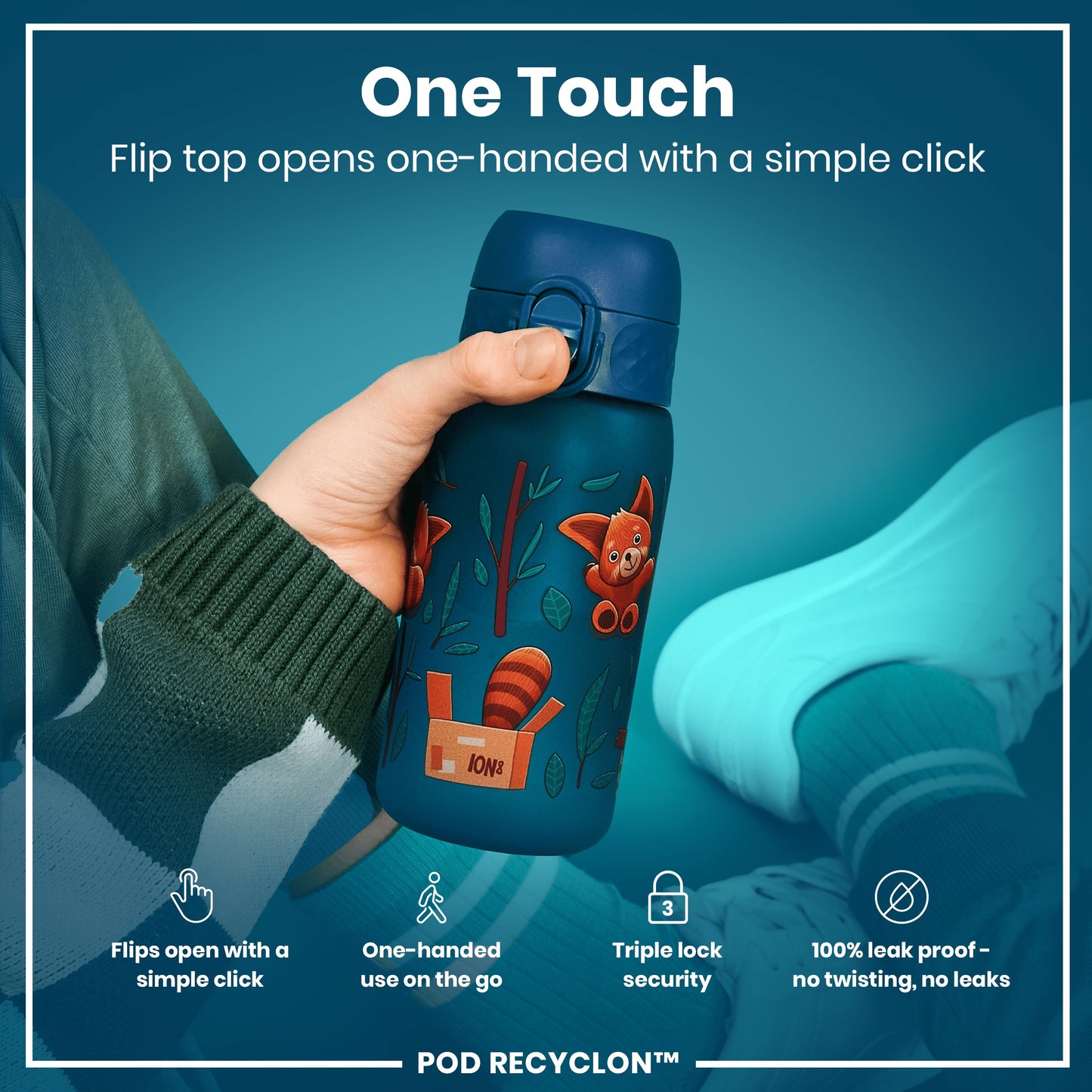 A blue water bottle, with cartoon animals, is being held; its flip top opens easily with one hand. The bottle is shown against a teal background.