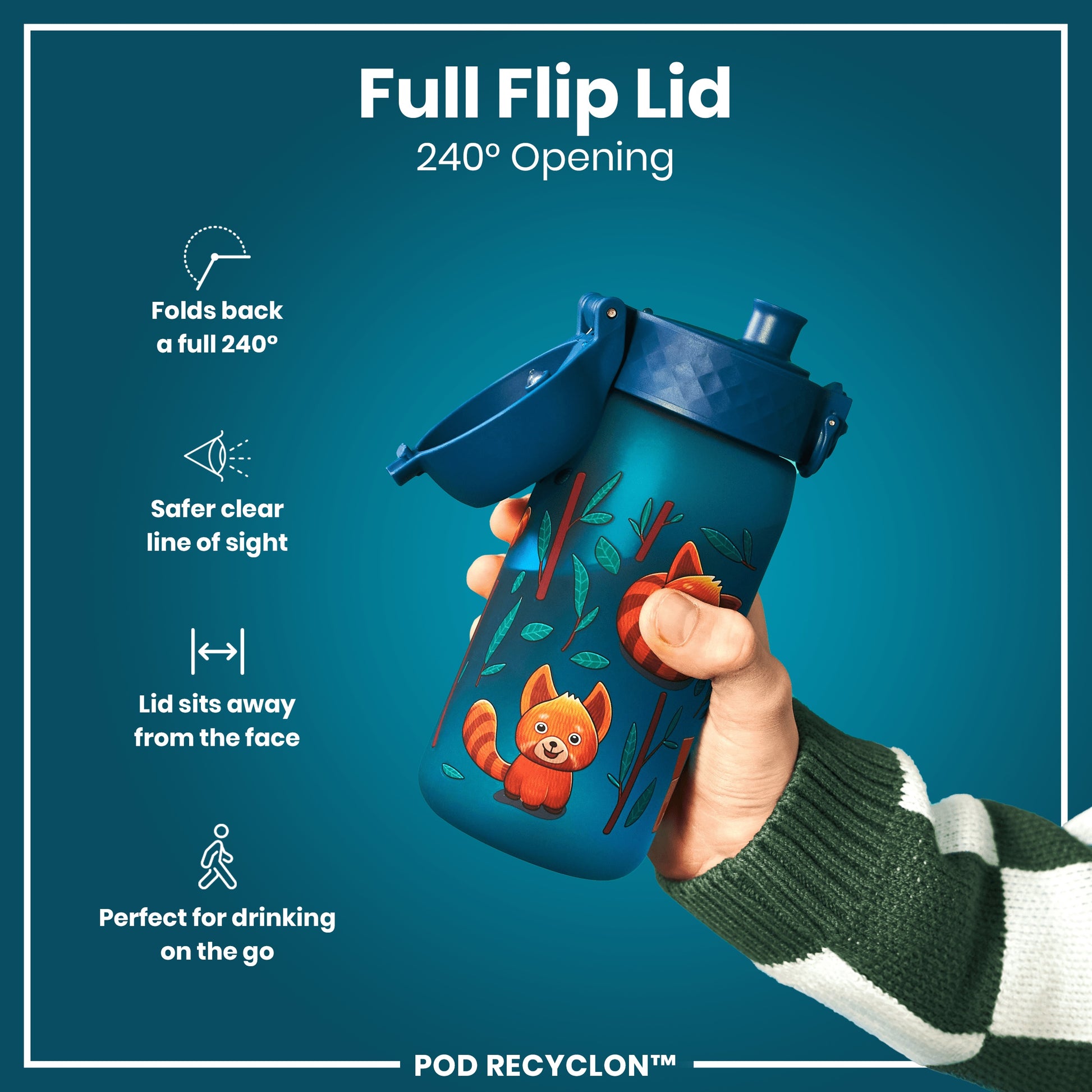 A blue water bottle, with a 240° opening flip lid, is held in a hand. The bottle features red panda illustrations. The background is teal. Full Flip Lid 240° Opening. POD RECYCLON™.