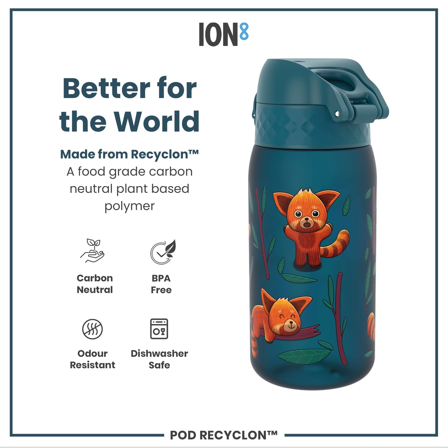 A teal water bottle, adorned with red panda illustrations, sits against a white backdrop. It is made from a plant-based polymer and is BPA free, dishwasher safe, odor resistant, and carbon neutral. The text also mentions "ION8" and "POD RECYCLON™".