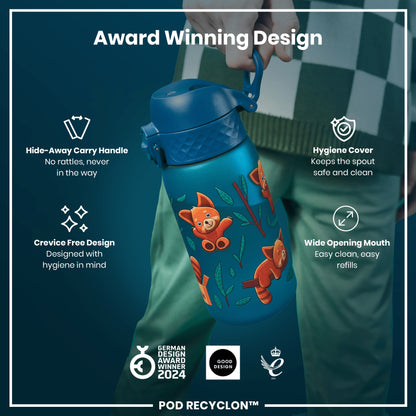 A blue water bottle, featuring a handle and red panda illustrations, is being held. It has a wide mouth and hygiene-focused design elements. The bottle is shown against a dark green background, with text highlighting its award-winning features. GERMAN DESIGN AWARD WINNER 2024, GOOD DESIGN, and POD RECYCLON™ are also present.