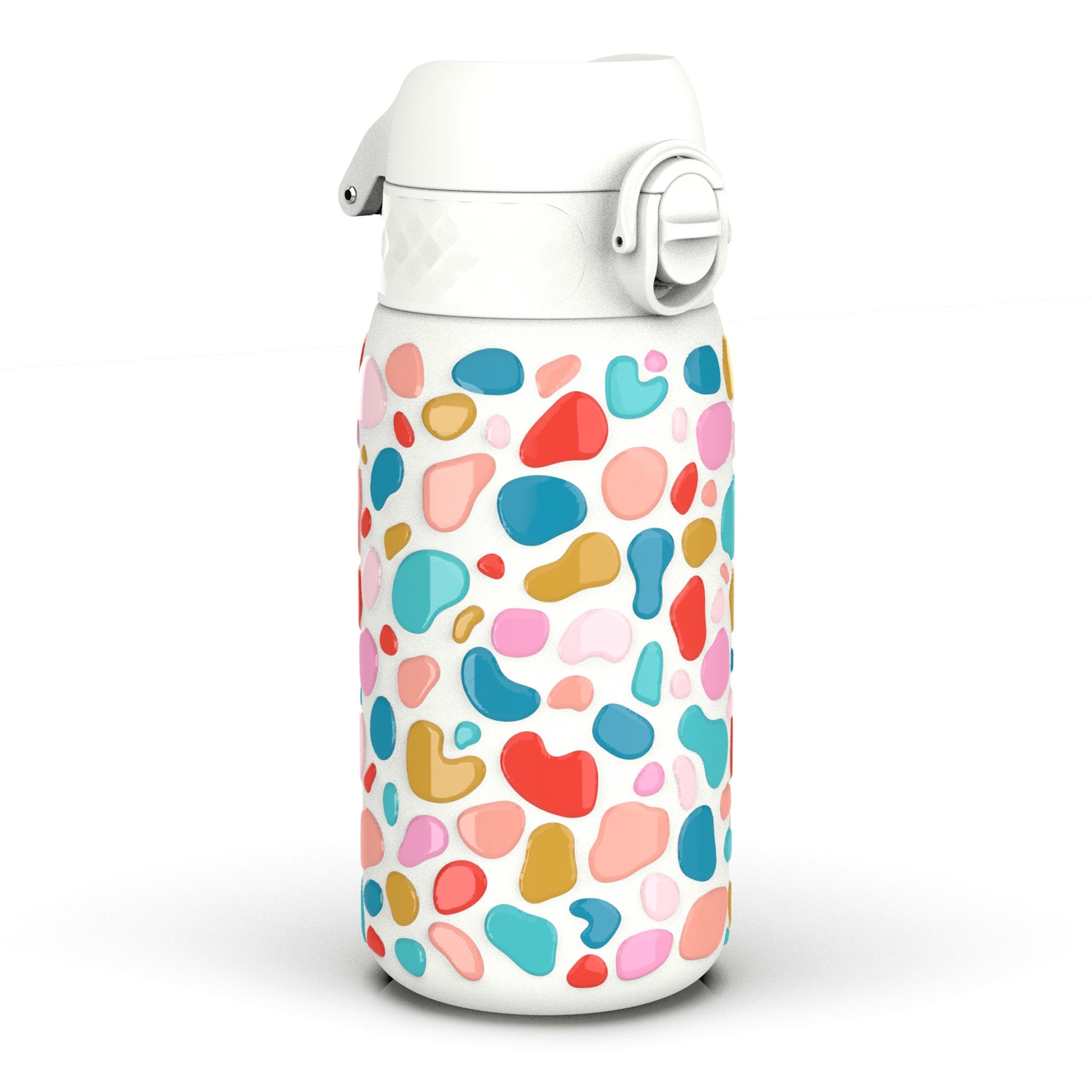 A white water bottle, adorned with a colorful abstract pattern of various-sized, pastel-colored blobs, sits on a white surface.