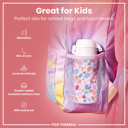 A water bottle fits inside a mesh pocket of a pastel-colored backpack; it’s 350ml/12oz, 169 x 67 mm, lunchbox-friendly, double-walled insulated stainless steel, and 100% leak-proof.