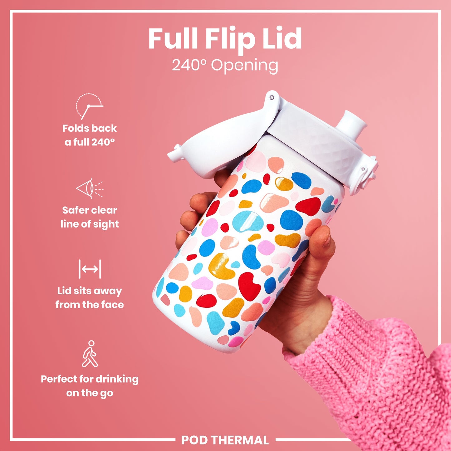 A colorful water bottle with a 240° opening lid is being held; the lid folds back completely, sits away from the face, providing a clear view. The bottle is perfect for on-the-go drinking.