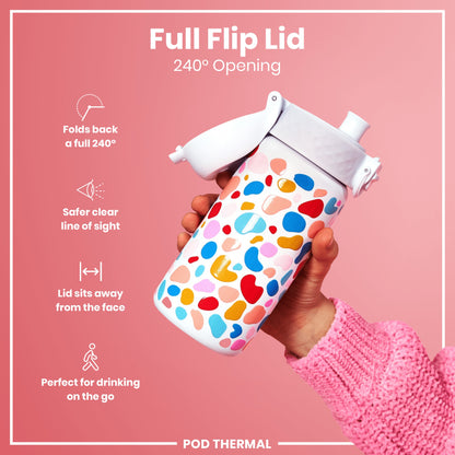 A colorful water bottle with a 240° opening lid is being held; the lid folds back completely, sits away from the face, providing a clear view. The bottle is perfect for on-the-go drinking.