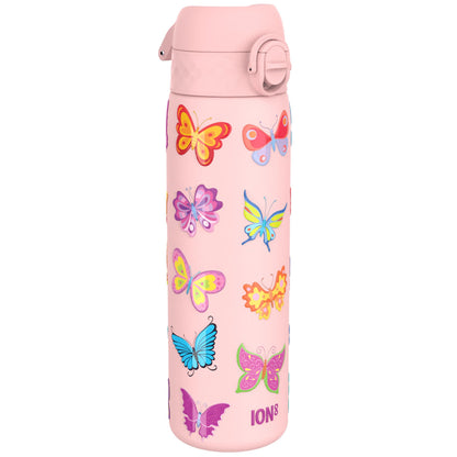 A pink water bottle adorned with colorful butterfly designs standing upright against a white background features the text ION8 near the base