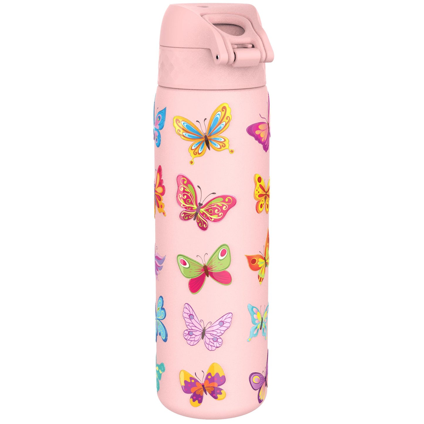 A pink water bottle covered in colorful butterfly patterns stands upright against a white background.