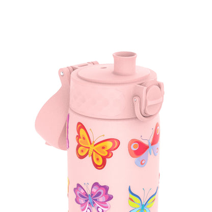 A pink water bottle adorned with colorful butterfly designs is seen against a plain white background