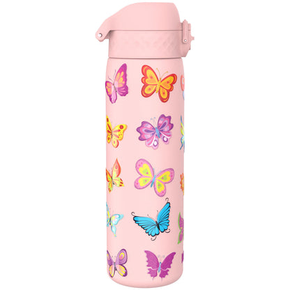 A pink water bottle features colorful butterfly illustrations covering its surface standing upright against a plain white background.