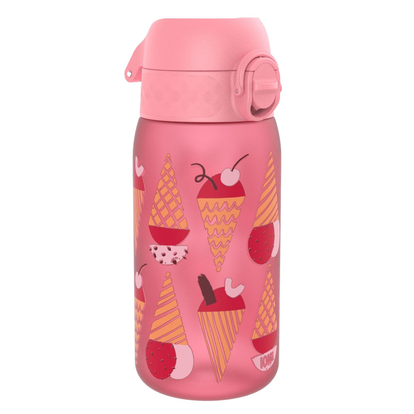 A pink water bottle covered in colorful ice cream cone illustrations featuring cherries and strawberries in a playful design against a plain white background.