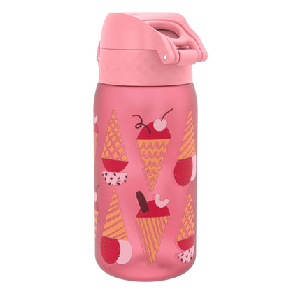 Pink water bottle displaying illustrated ice cream cones and fruit on a light background