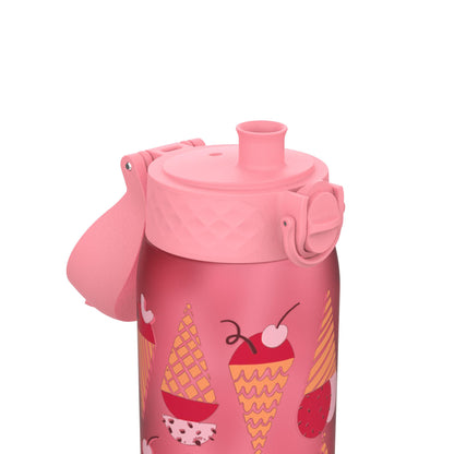 Pink water bottle featuring various ice cream cone illustrations has a flip-top lid and spout designed for easy drinking in a playful design context.