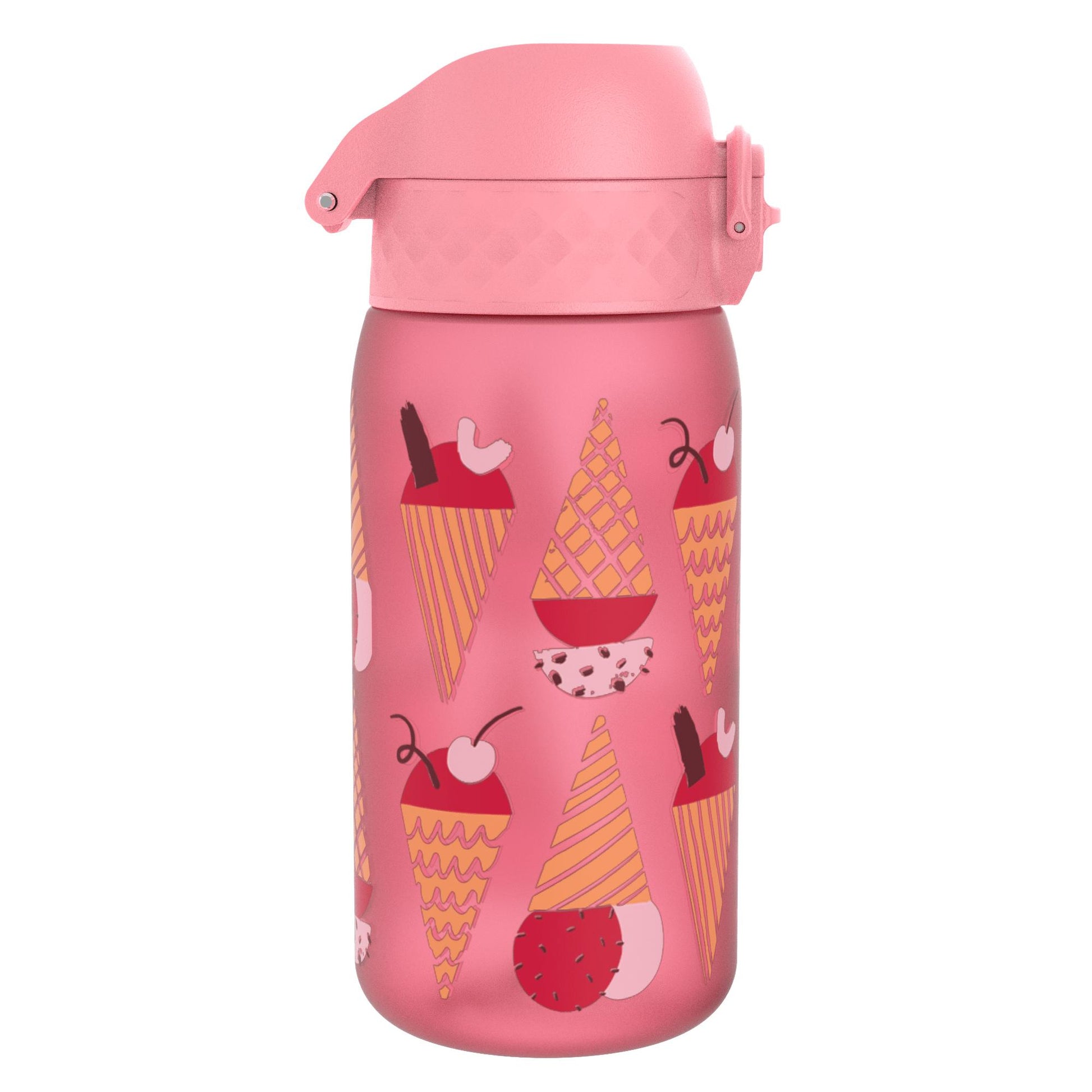 A pink water bottle features colorful ice cream cone illustrations scattered across its surface with a matching pink flip-top lid against a plain white background.