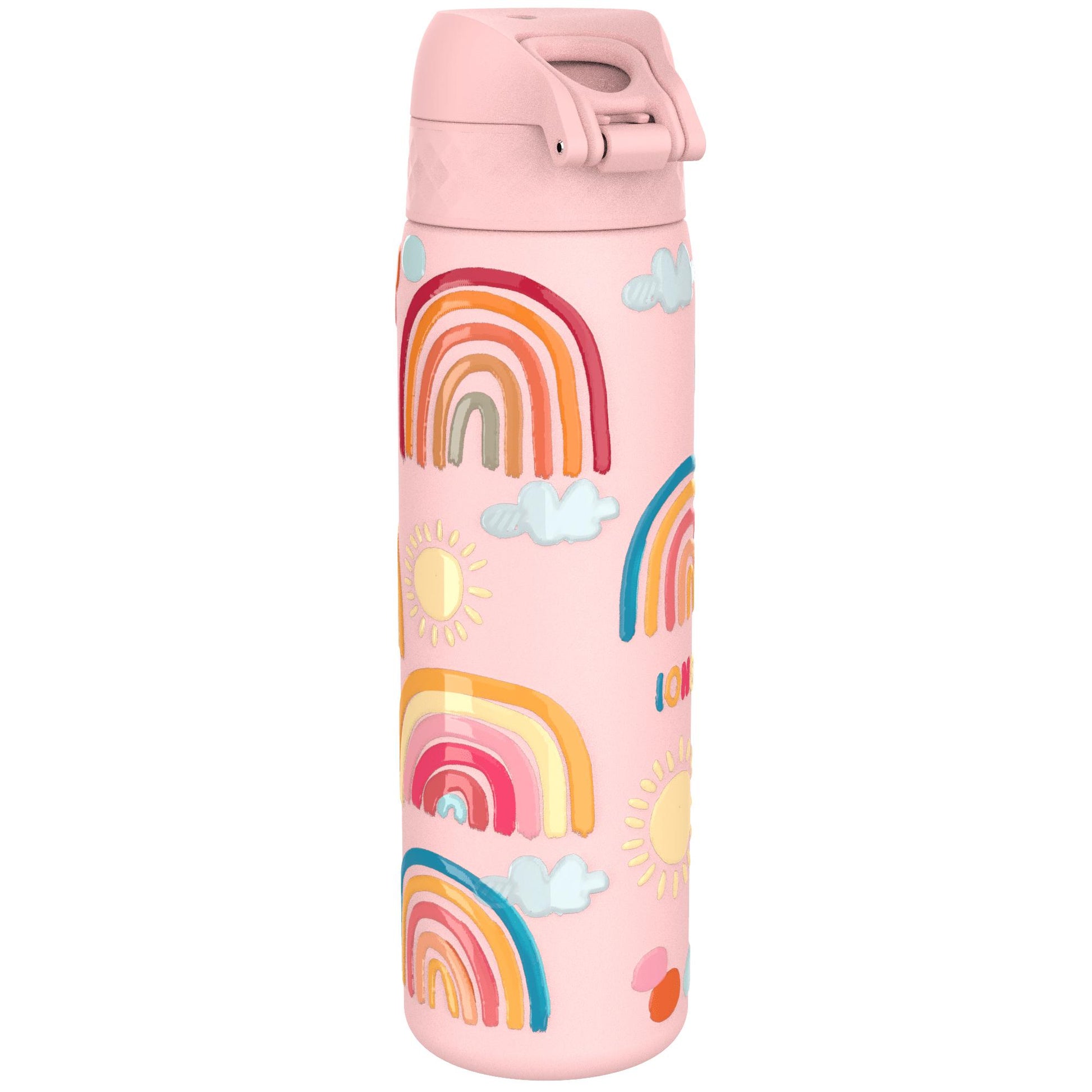 A tall, pink thermos bottle decorated with colorful rainbows, clouds, and suns stands upright, designed for holding beverages in vibrant, playful style.