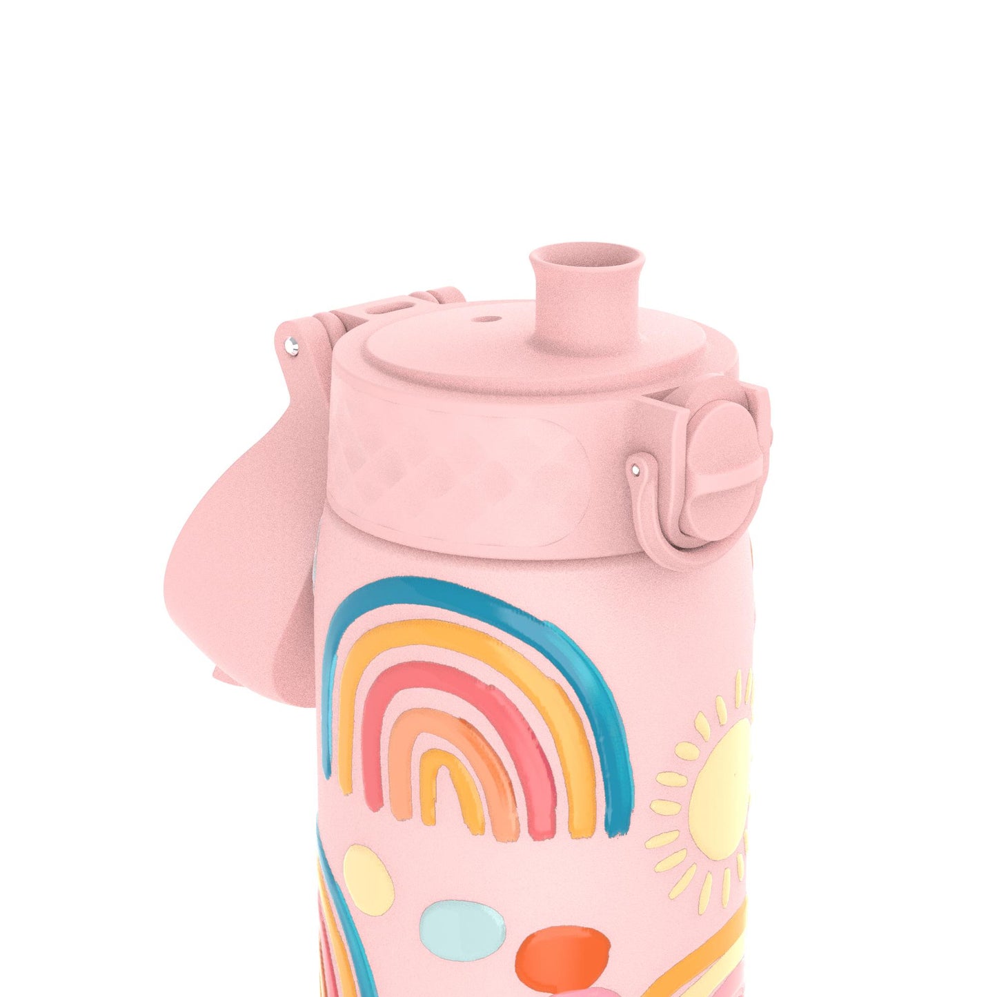 A colorful water bottle decorated with rainbows and suns stands upright with a closed spout in a bright, abstract setting.