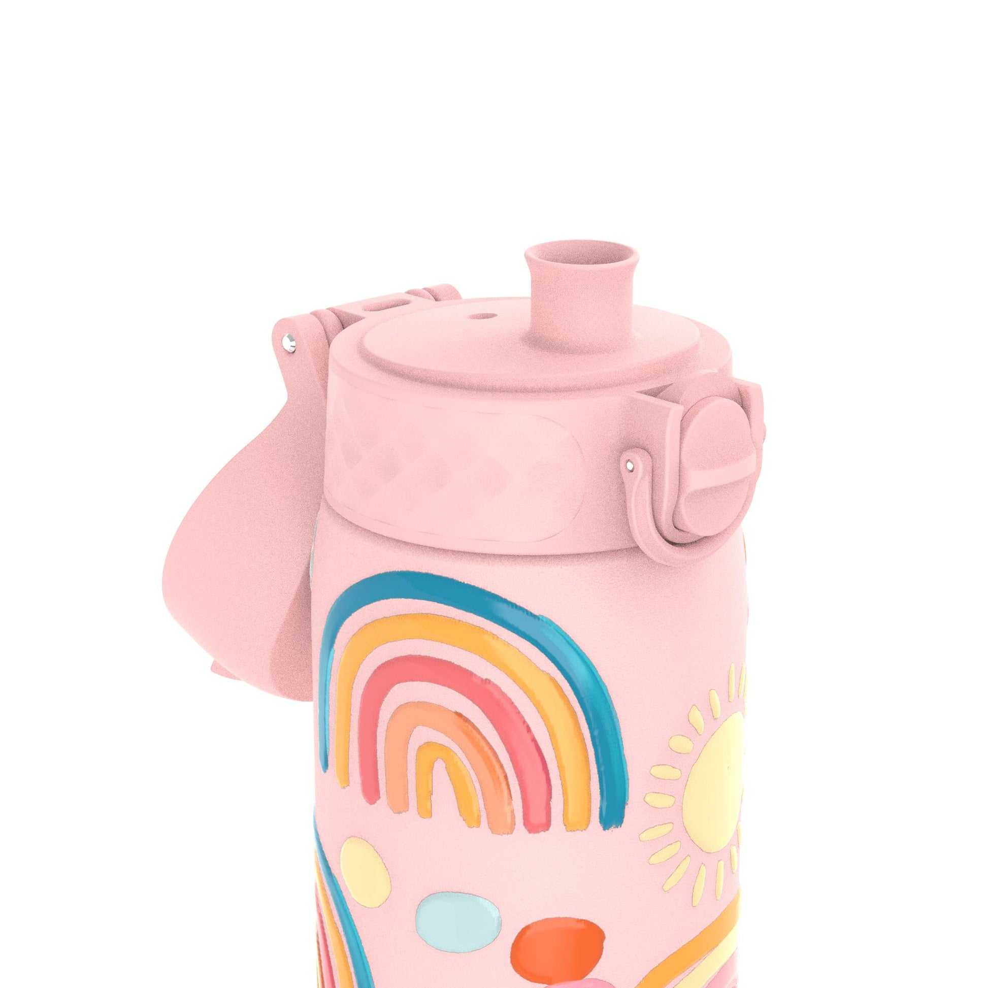 A colorful water bottle decorated with rainbows and suns stands upright with a closed spout in a bright, abstract setting.