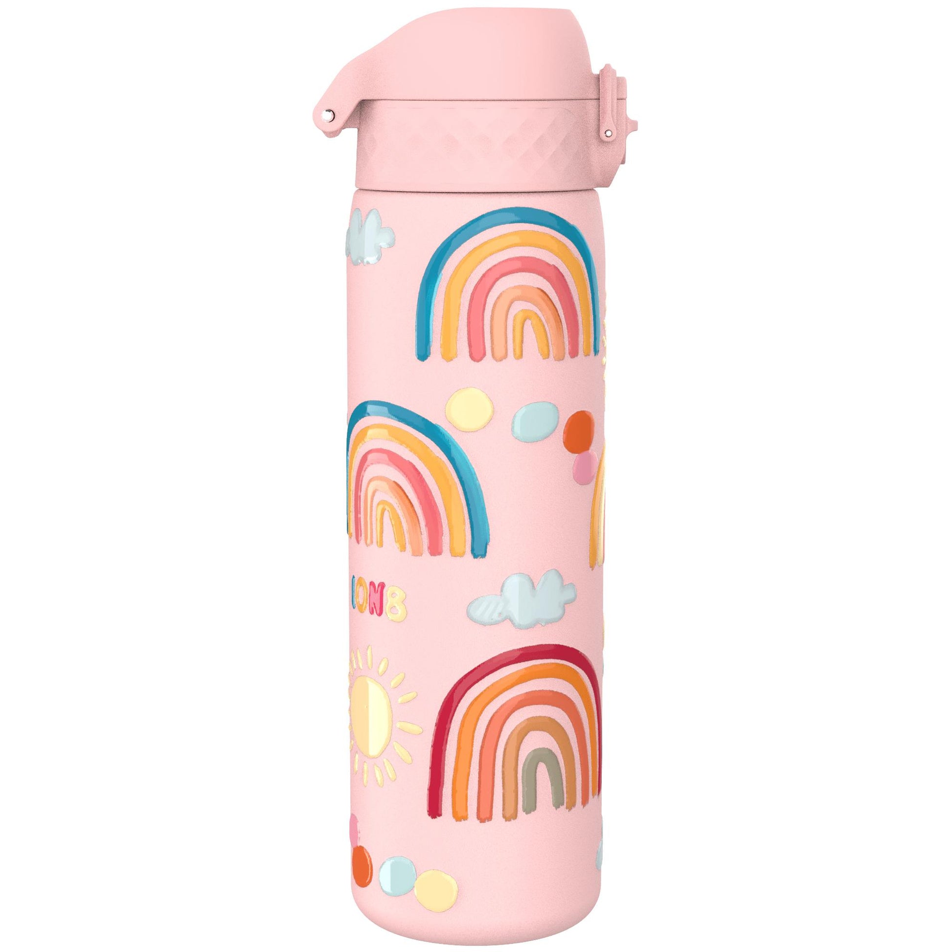 A pink water bottle features colorful rainbow designs with clouds and suns scattered across its surface creating a cheerful and playful pattern