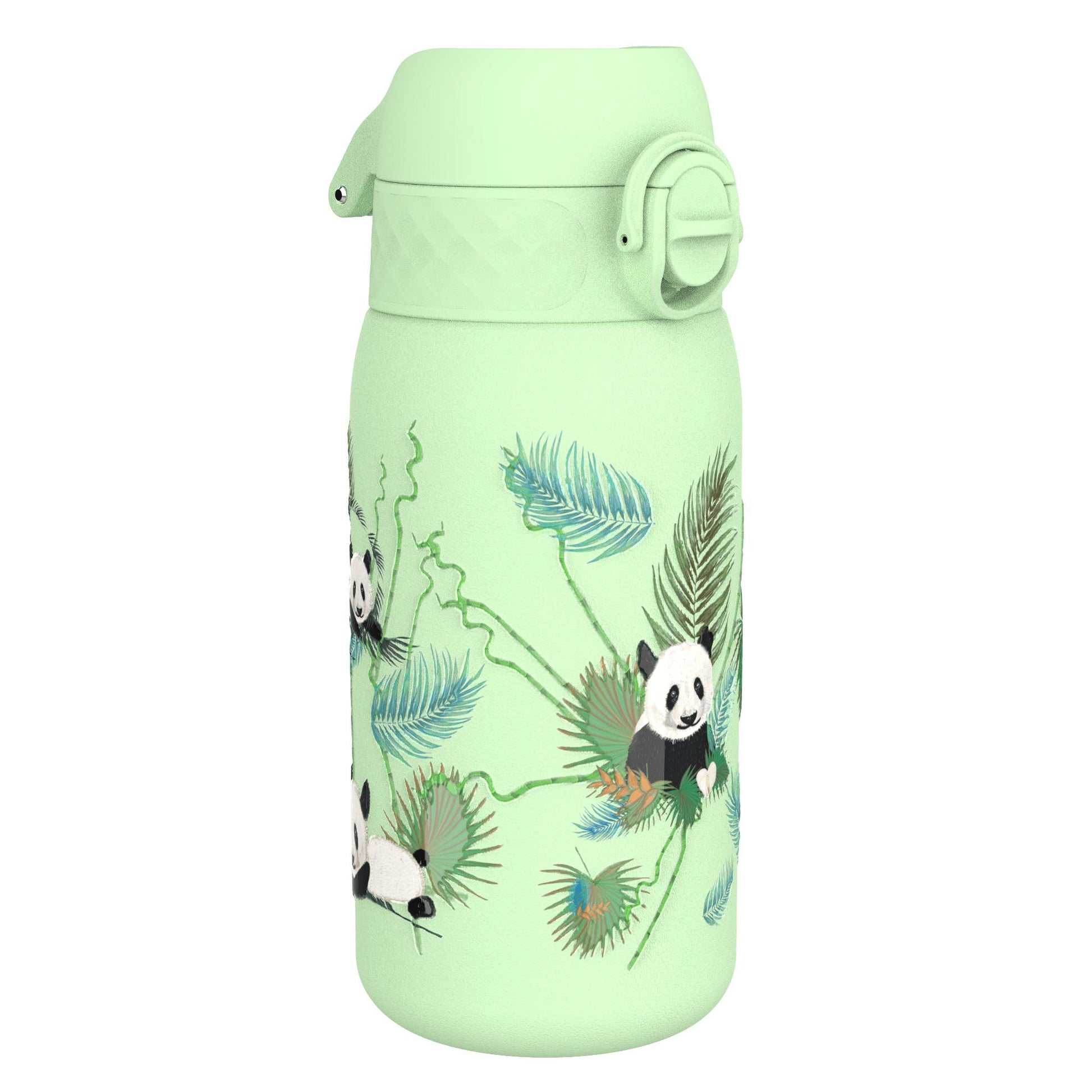 A green water bottle featuring panda illustrations among tropical leaves with a flip-top lid.