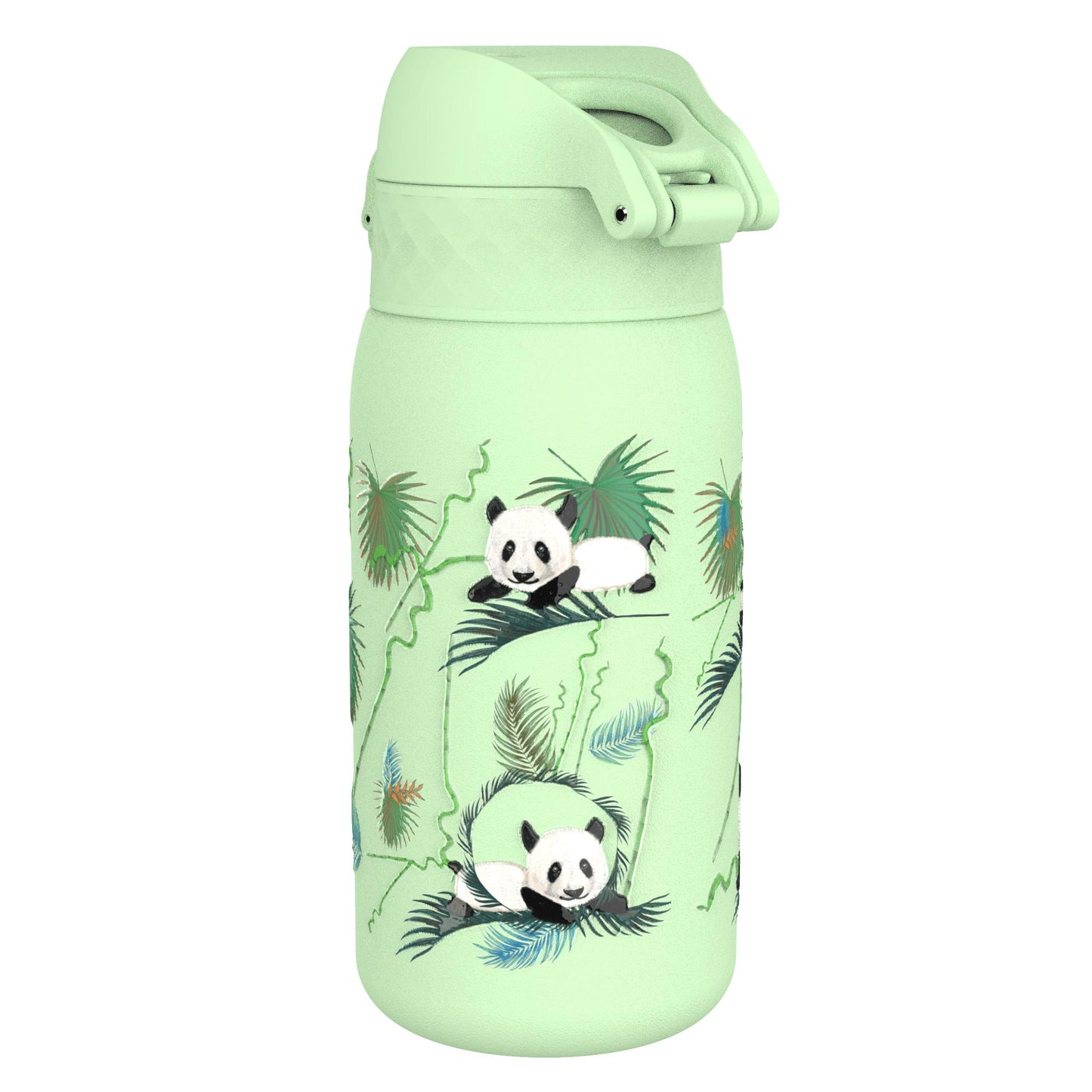 A mint-green water bottle features illustrated pandas lounging among tropical leaves, with a flip-top lid secured by a button.