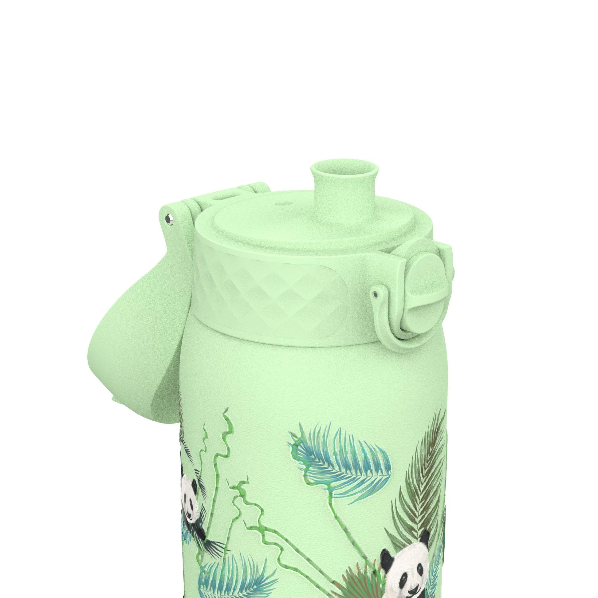 A mint green water bottle features a flip-top lid and a spout adorned with playful panda and leaf designs amid tropical-themed illustrations.