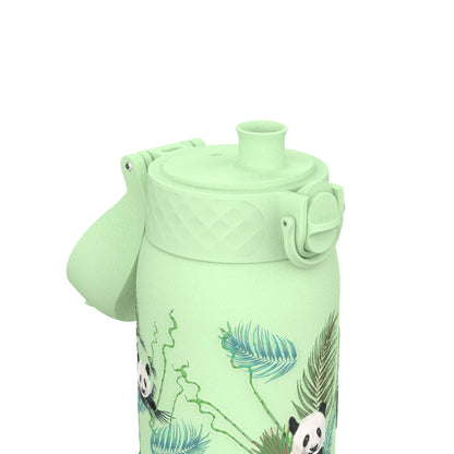 A mint green water bottle features a flip-top lid and a spout adorned with playful panda and leaf designs amid tropical-themed illustrations.