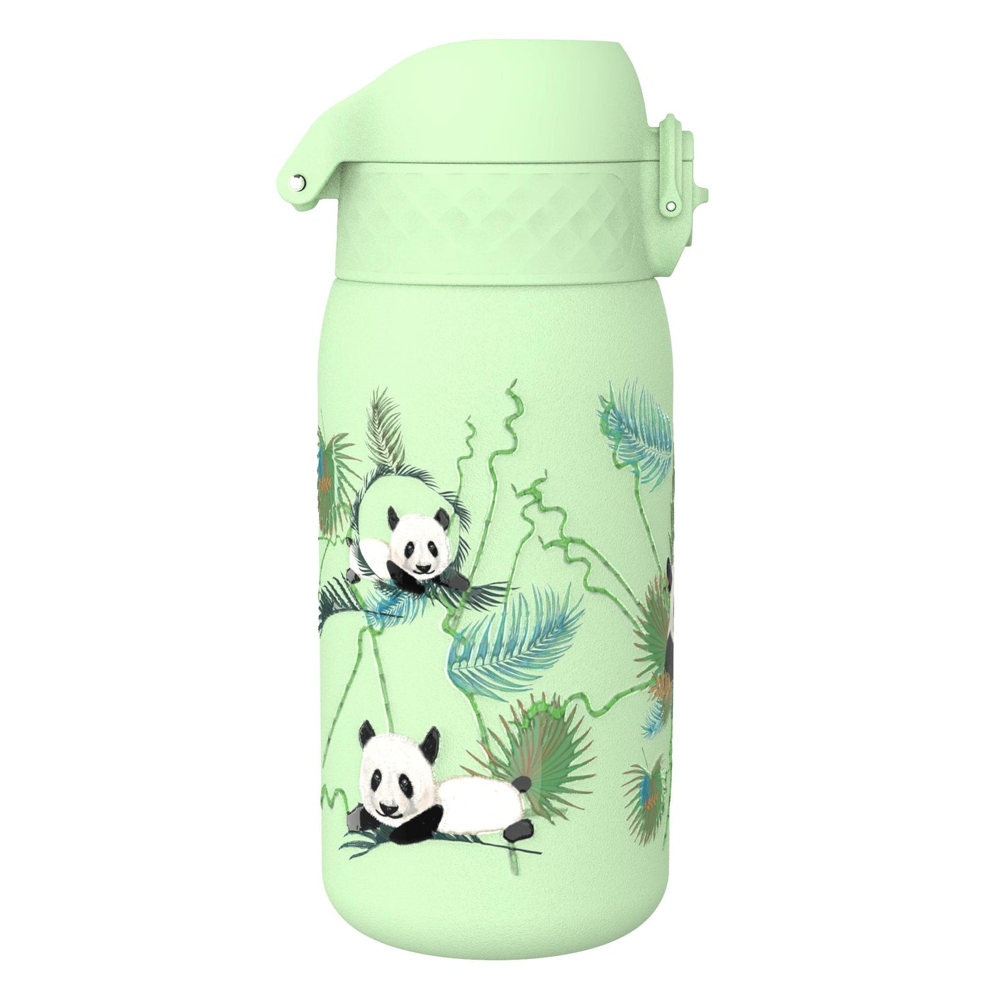 A light green water bottle features playful pandas and leafy jungle designs on its surface creating a whimsical nature-themed appearance.