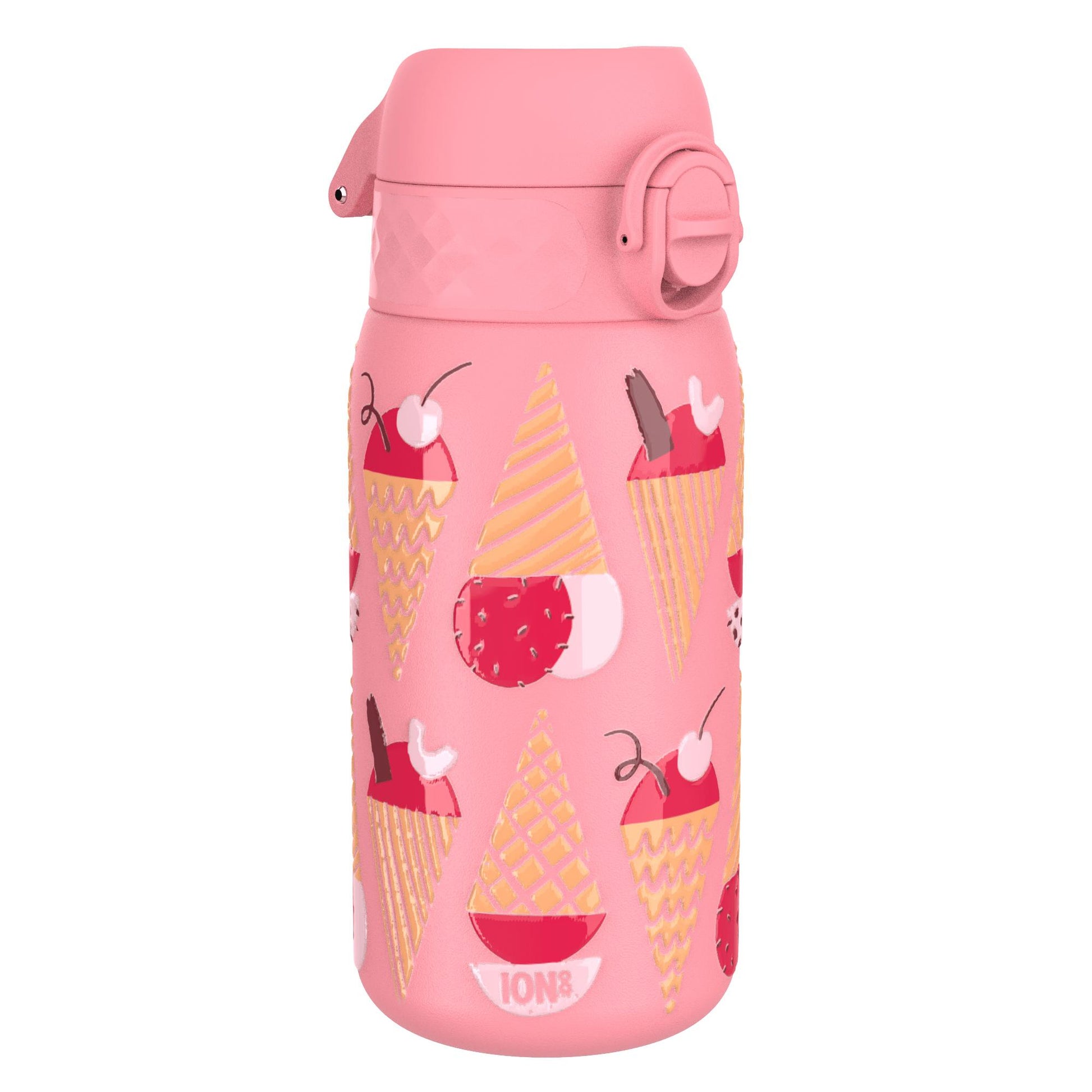 A pink water bottle featuring ice cream cone illustrations with cherries in various styles and a secure flip lid in a playful dessert-themed design context. Text: "ION8"