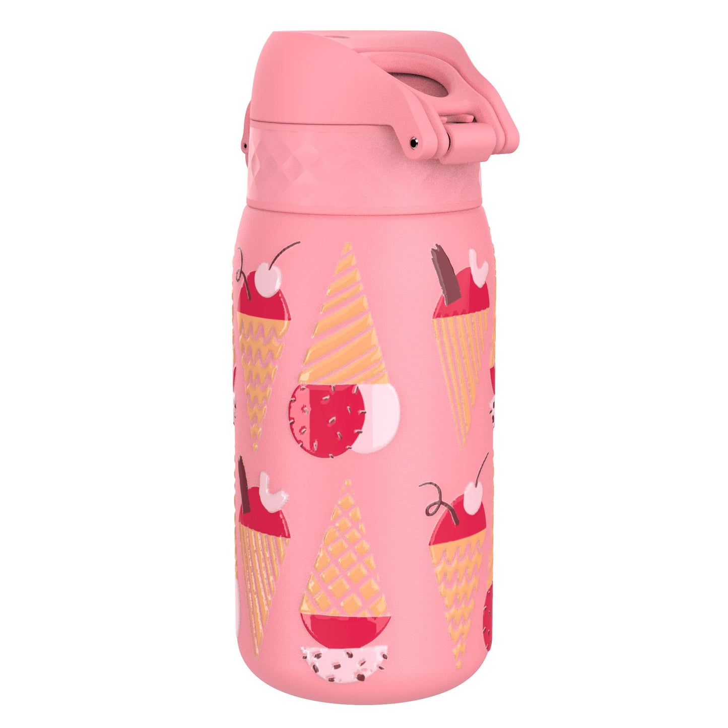 A pink water bottle features a flip-top lid and is adorned with illustrations of ice cream cones and strawberries set against a plain white background.