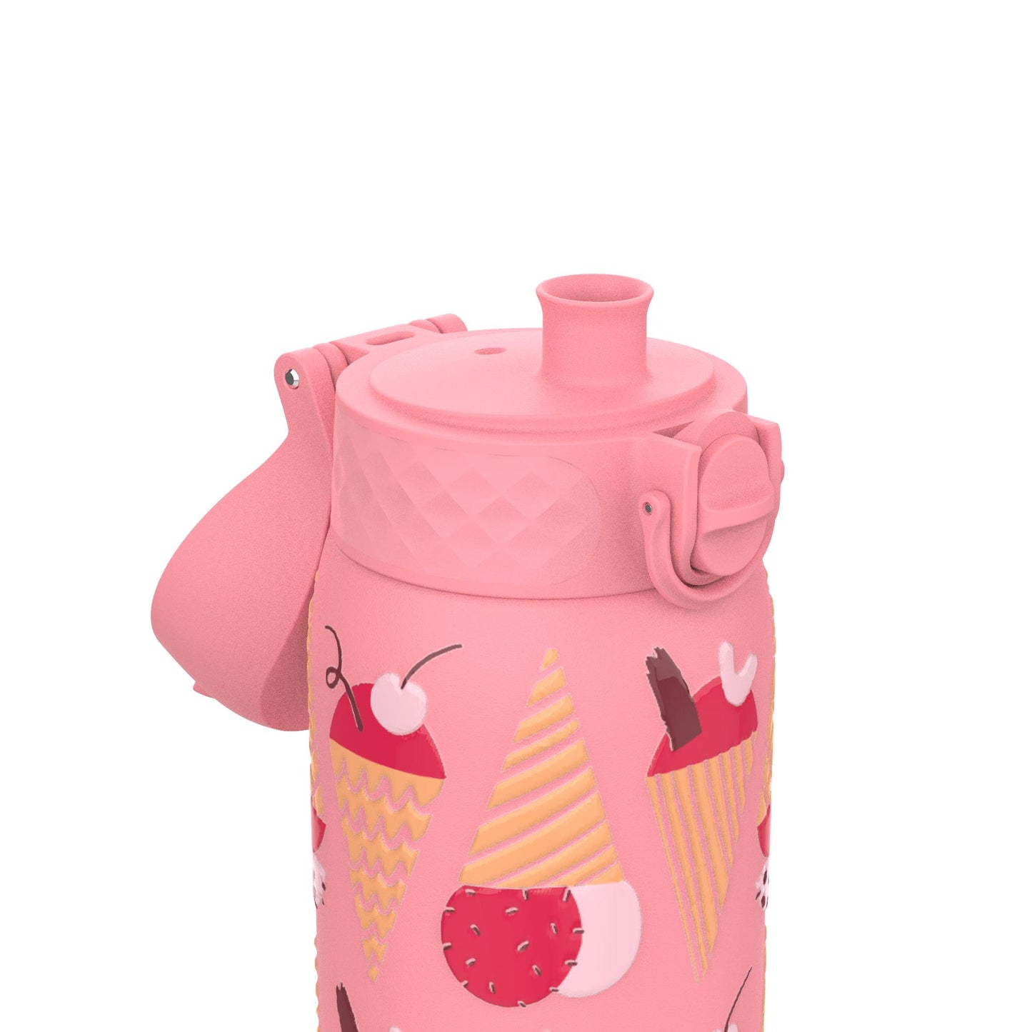 A pink bottle features a closed lid with a spout displaying colorful ice cream cone designs with cherries situated in a plain white background.