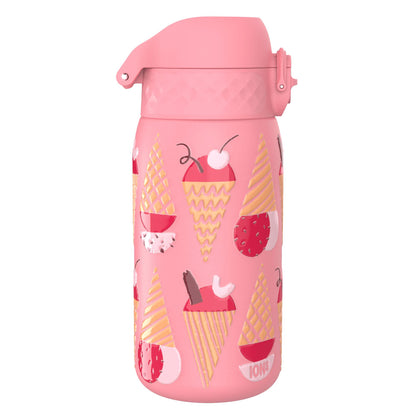 A pink water bottle featuring an illustrated ice cream cone pattern against a white background with the word "ION8" visible at the bottom.