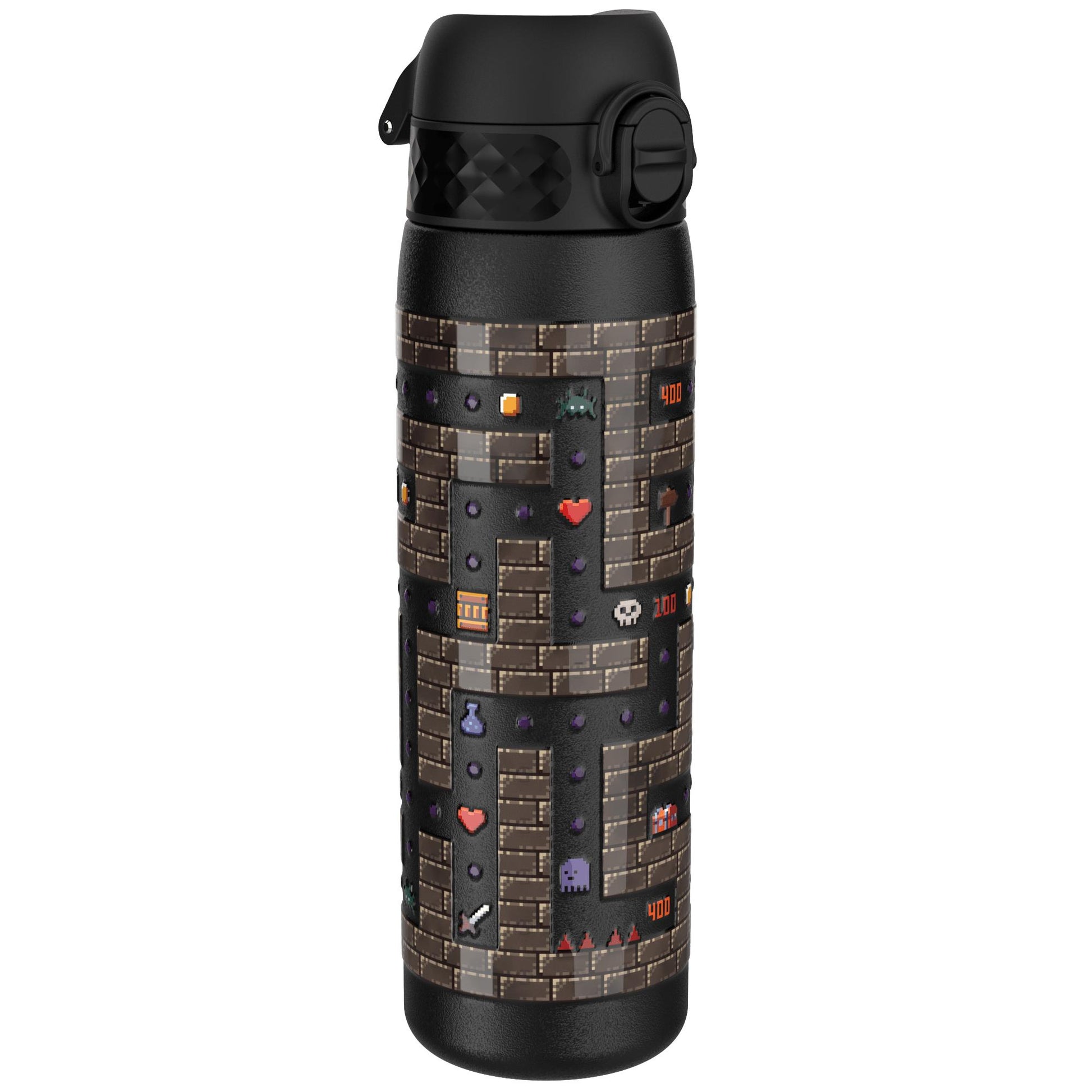 A black water bottle features a pixelated video game maze design with hearts, skulls, and numbers like "400," set on a brown and purple block pattern background.