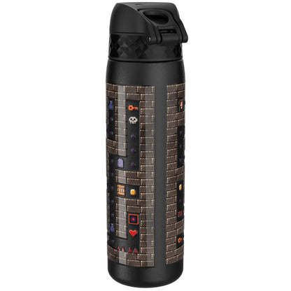 A black insulated water bottle features a pixel-art dungeon design with keys and skulls wrapping around the surface incorporating a flip-top lid in a simple white background setting.