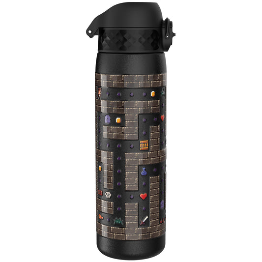 A tall black water bottle displays a pixelated dungeon maze design featuring paths, chests, potions, hearts, and other game-like icons on its surface.