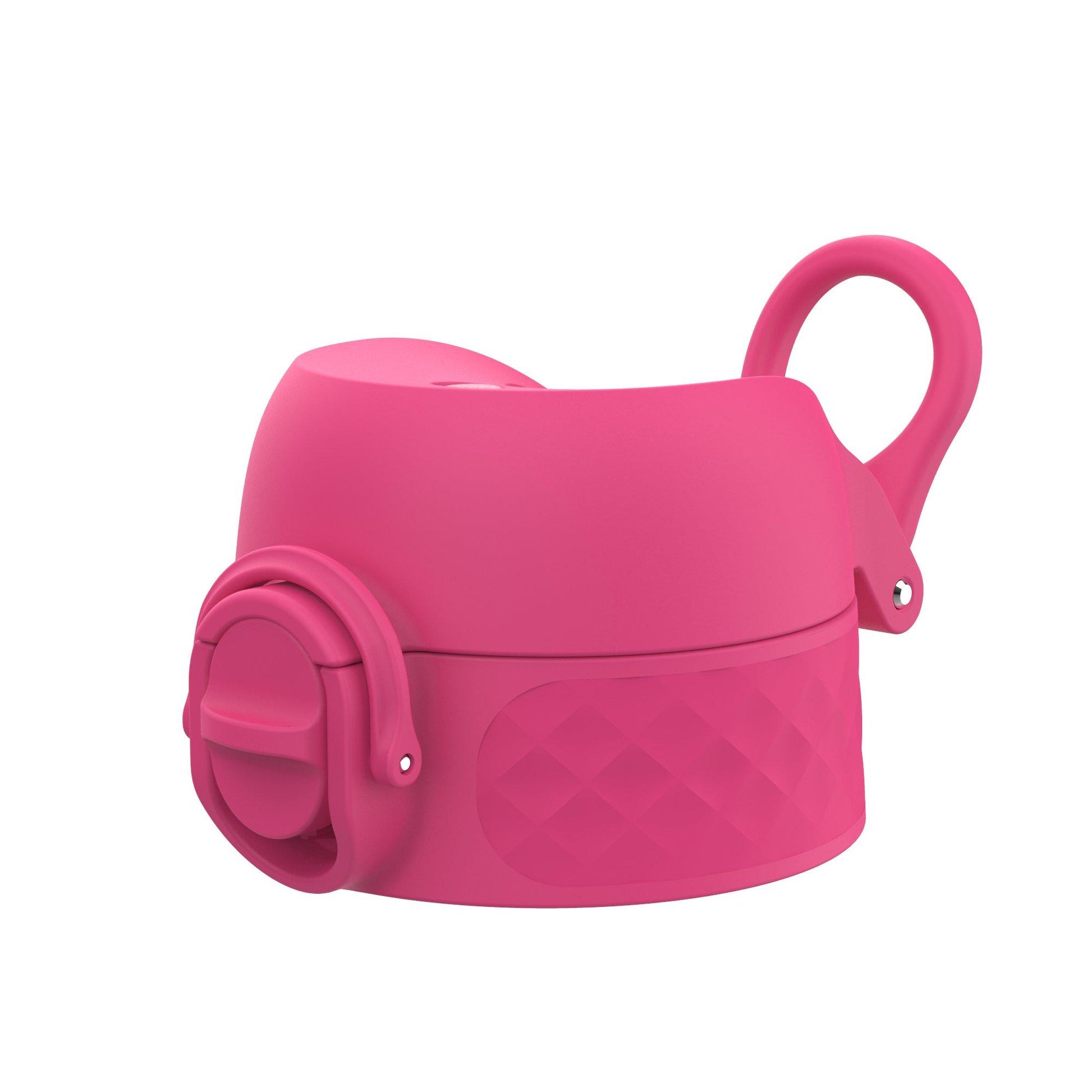 Pink bottle lid with a flip-top spout and a loop handle resting upright on a plain white background.