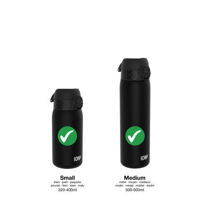 Two black bottles stand upright side by side with flip-top lids in a plain environment labeled "ION8" Text mentions sizes: "Small 320-400ml" and "Medium 500-600ml" and multiple translations