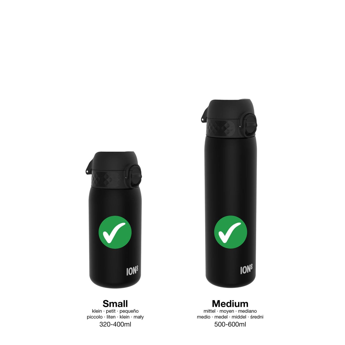 Two black water bottles with lids stand upright. Both feature a green check mark; the smaller bottle holds 320-400ml and the medium 500-600ml. Text: ION8.