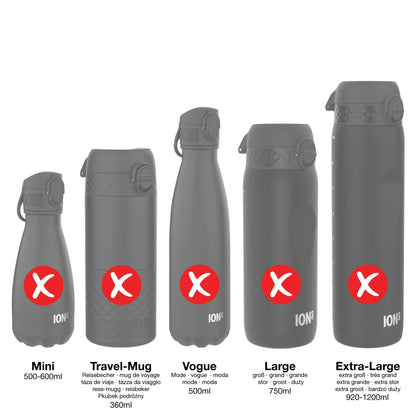 Five gray water bottles with flip lids stand side by side labeled Mini 500-600ml Travel-Mug 360ml Vogue 500ml Large 750ml Extra-Large 920-1200ml each featuring a red X and ION8 branding.