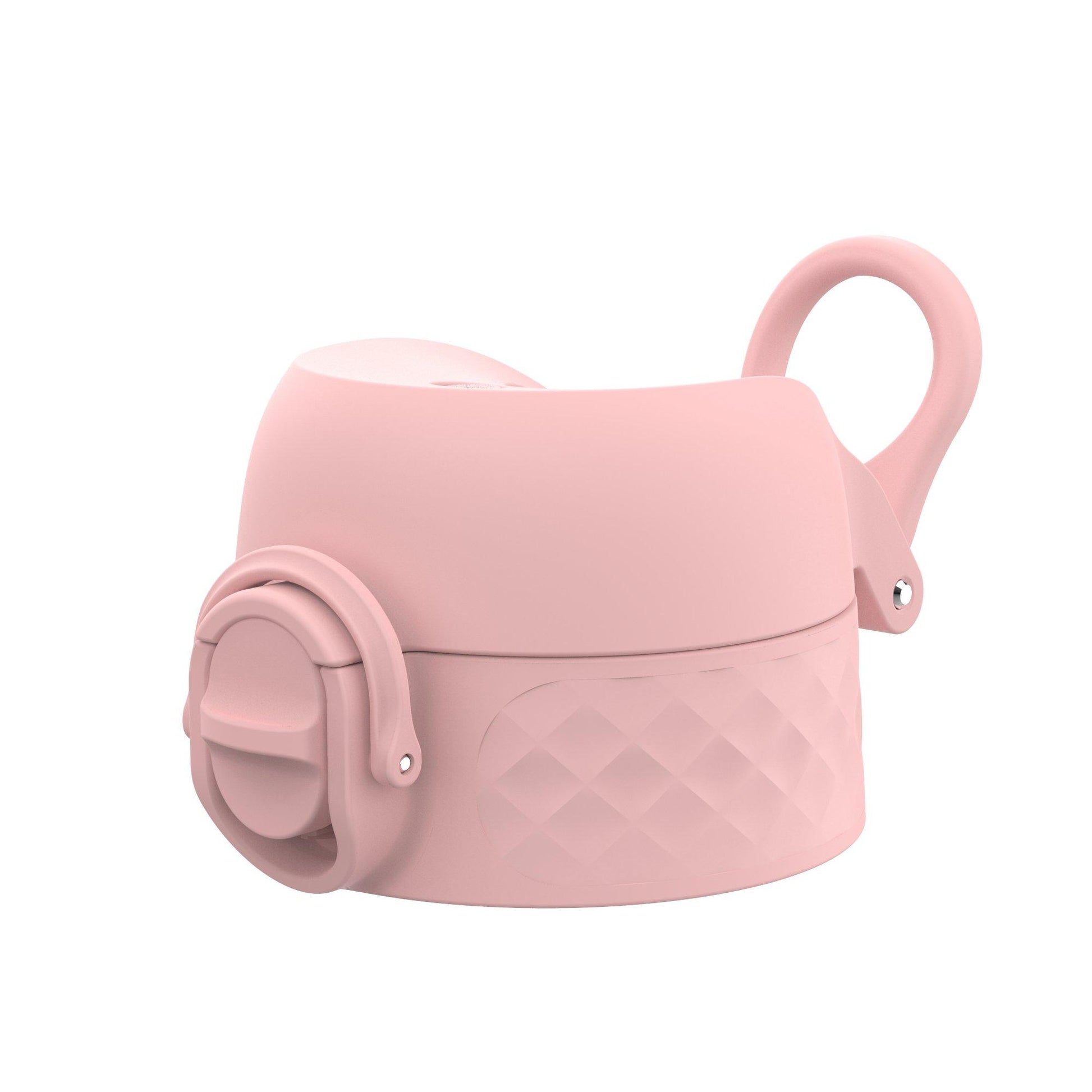 A pink silicone bottle lid with a loop handle and a spout cover sits against a plain white background.