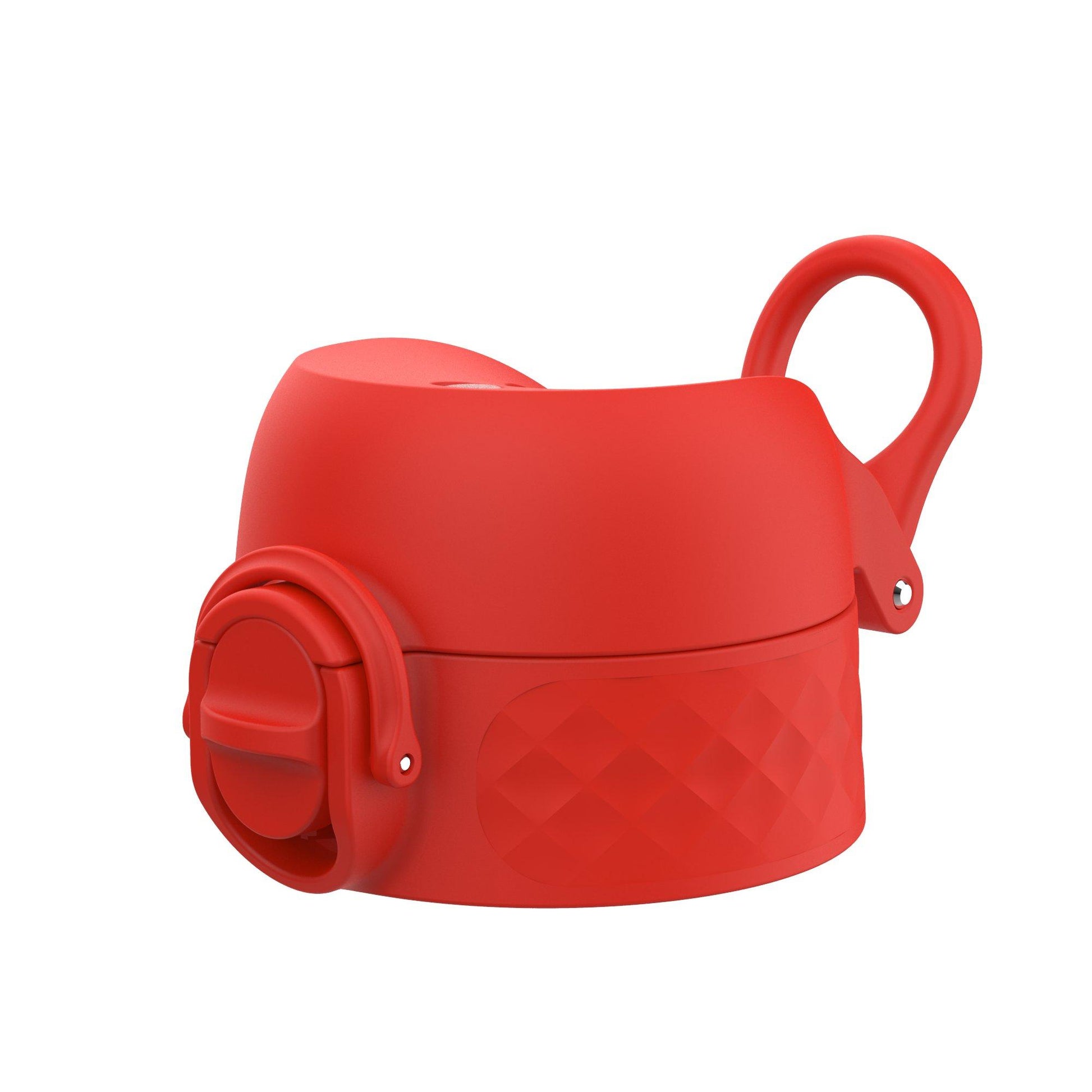 A red silicone water bottle lid features a secure latch and carrying loop in a clean, white background setting.