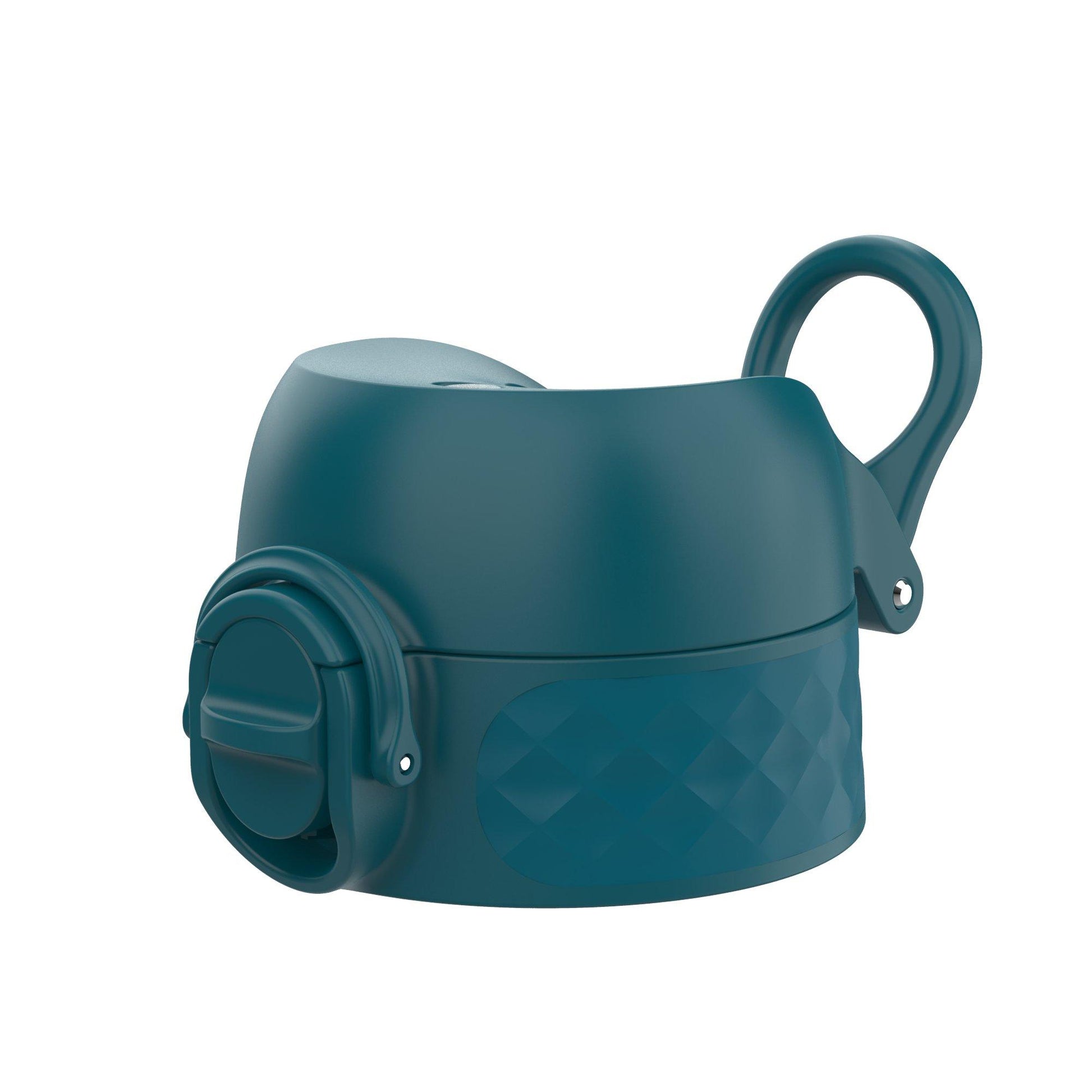 A dark teal water bottle lid with a built-in handle features a flip-top spout in a plain white background.