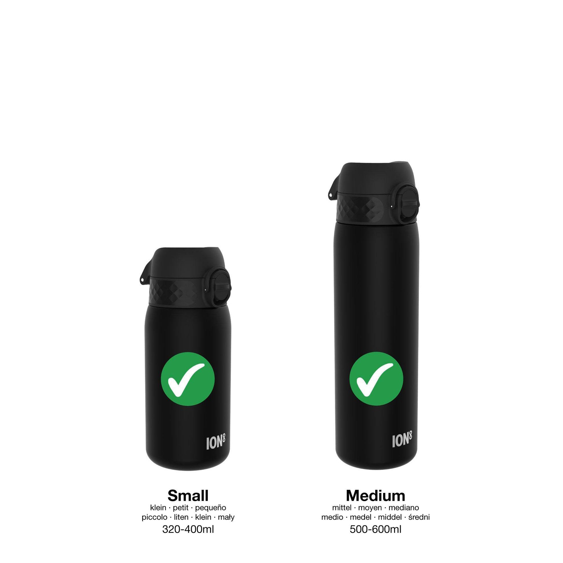 Two black bottles with lids stand upright marked with green check marks. The left bottle is labeled "Small 320-400ml" and the right "Medium 500-600ml" both are branded "ION8".