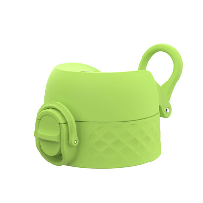 A bright green water bottle lid with a textured grip and a foldable spout, featuring a loop handle for easy carrying.